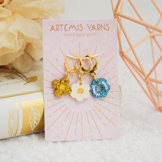 Set of 3 removable stitch markers - Daisy Blue Glitter